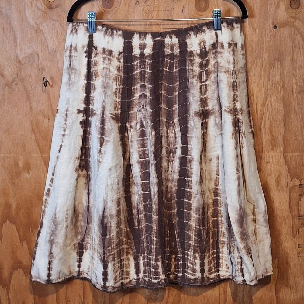 Michael Kors Skirt Women's 10 Cream & Brown Tie Dye 100% Linen Bohemian Hippie